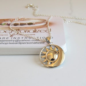 Sterling Silver Sun and Moon Pendant Necklace, Sun Pendant Charm, Inspirational Jewelry Gift, Silver Crescent Moon Necklace,Celestial Charm