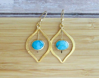 Genuine Turquoise and Gold Hoop Earrings, Gifts for Mom, Blue Gemstone Earrings, Birthstone for December, Gifts for Bridesmaids and Friends