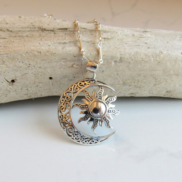 Sterling Silver Sun and Moon Large Pendant, Celestial Eternity Necklace, Solar System Jewelry, Etsy Finds Summer Necklace, Birthday Gift