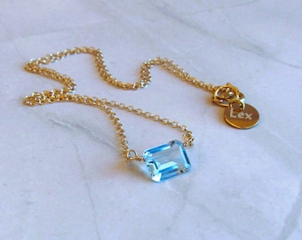 Sky Blue Topaz and Gold Filled Necklace, Emerald Cut Natural Blue Topaz Gemstone Necklace, Personalized Jewelry, December Birthstone Gift