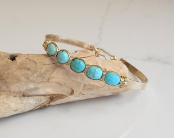 Turquoise and Gold Bangle Bracelet, December Birthstone Jewelry, Gold Bezel Set Handmade Bracelet, Something Blue for Brides, Unique Gift