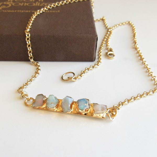 Raw Ethiopian Opal Gold Bar Necklace, Dainty Opal Nugget Necklace, Birthstone Gift for October, Unique Bridesmaids Jewelry, Everyday Jewelry