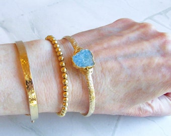 Blue Druzy and Gold Filled Bangle Bracelet, Personalized Gift for Mom or Grandma, Something Blue for Brides, OOAK Etsy Gift Ideas and Finds