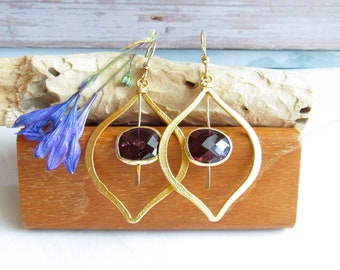 Garnet and Gold Marquise Hoop Earrings, Gifts for January Birthstone, Unique Statement Earrings, Gifts for Her, Mothers Day Gift Ideas