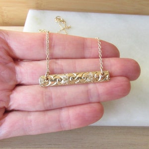 Hawaiian Gold Bar Necklace, 1.5 inch Horizontal Gold Bar for Her, 14kt Gold Filled Pattern Pendant Necklace, Gold Bridal Necklace