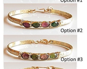 Pink and Green Tourmaline Adjustable Bangle Bracelet, 14kt Gold Filled Gemstone Bracelet, Personalized Stacking Bangle,Gold Patterned Bangle