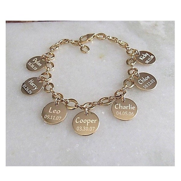 Personalized Charm Bracelet, Mothers Day Jewelry in Gold, Keepsake Gift with Engraved Names, Mother of the Bride Bracelet, Mommy Jewelry