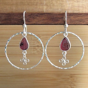 Garnet Leaf and Silver Hoop Earrings, January Birthstone Earrings, Carved Leaf Gemstone Earrings, Ready Made Gifts, Gemstone Silver Earrings