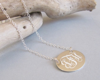 Sterling Silver Oval Initial Necklace, 20x16mm Initial Pendant, Personalized Oval Disc, Silver Monogram Jewelry, Silver Necklace Engraved