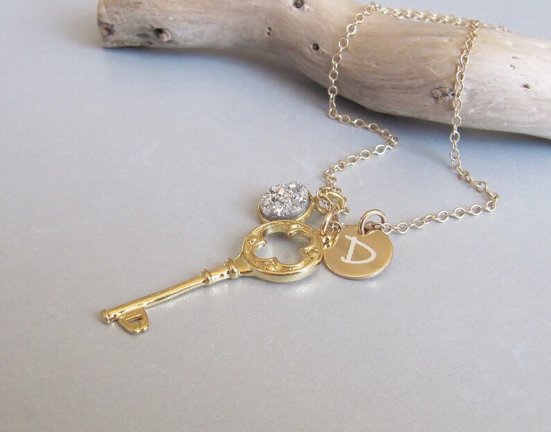 Gold Key and Druzy Personalized Necklace Key Charm Necklace Etsy