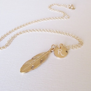 Personalized Feather Necklace, Initial Necklace, Pendant Necklace, Gold Chain Necklace, Gold Feather, Engraved Necklace, Bohemian Jewelry
