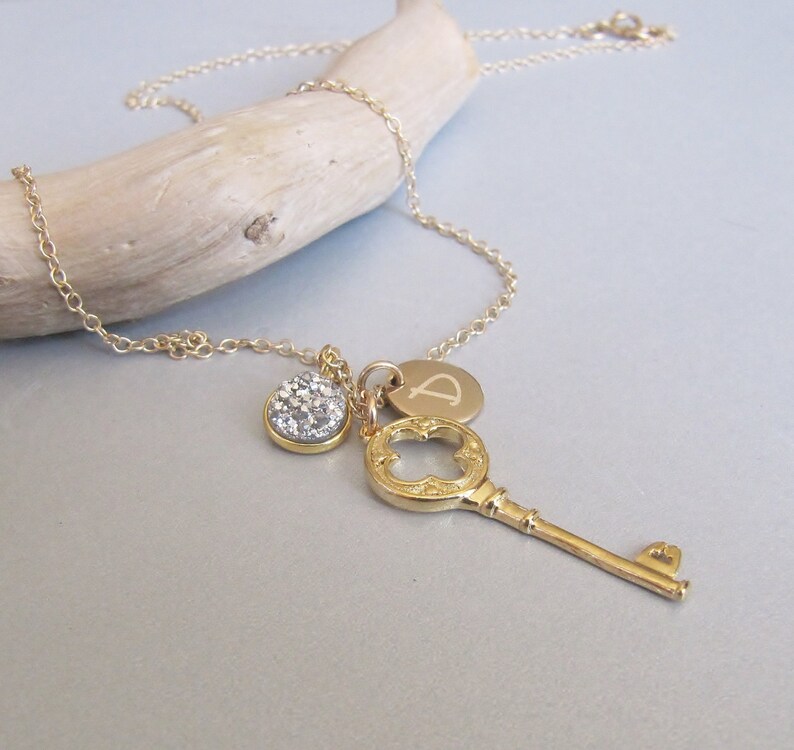 Gold Key and Druzy Personalized Necklace Key Charm Necklace Etsy