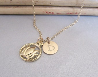 SALE - Gold Lotus Flower Necklace, Personalized Lotus Charm, Inspiration Jewelry, Minimalist Yoga Jewelry, Simple Dainty Necklace
