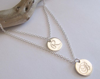Double Strand Initial Necklace, Mother Daughter Jewelry, Mother's Necklace, Silver Layering Necklace, Double Strand Necklace, Engraved Discs