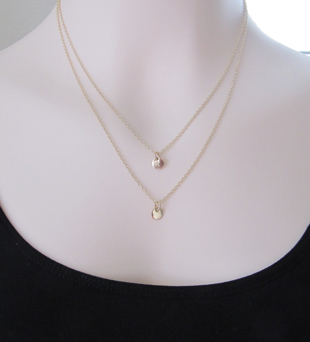 Petite Gold Disc Necklace, Double Layer Initial Necklace, Monogram Disc ...
