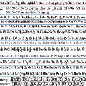May include: A chart showing different fonts with the alphabet in each font. The fonts include Sofi, Great Vibe, Gabriola, Times, Holly, Rochester, Sailor, ARCHITECT, Vacation, Arial, Jenna Sue, Redressed, Shopper, Interlocking, and Vine Monogram.