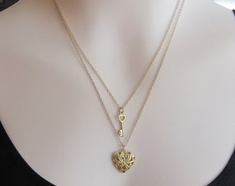 Gold Key to my Heart Necklace, Double Strand Necklace,Heart Necklace,Key Necklace,Layered Necklaces,Mother Daughter Jewelry,Mothers Necklace