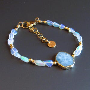Ethiopian Opal and Aquamarine Beaded Bracelet, Unique Birthstone Jewelry for Her, Bridal Something Blue Bracelet, Dainty Fire Opal Jewelry