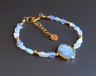 Ethiopian Opal and Aquamarine Beaded Bracelet, Unique Birthstone Jewelry for Her, Bridal Something Blue Bracelet, Dainty Fire Opal Jewelry
