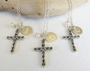 Cross Necklace, Sterling Silver Cross with Personalized Initial Charm, Confirmation Gift,Flower Girl Gift,Personalized Birthday Gift,Baptism