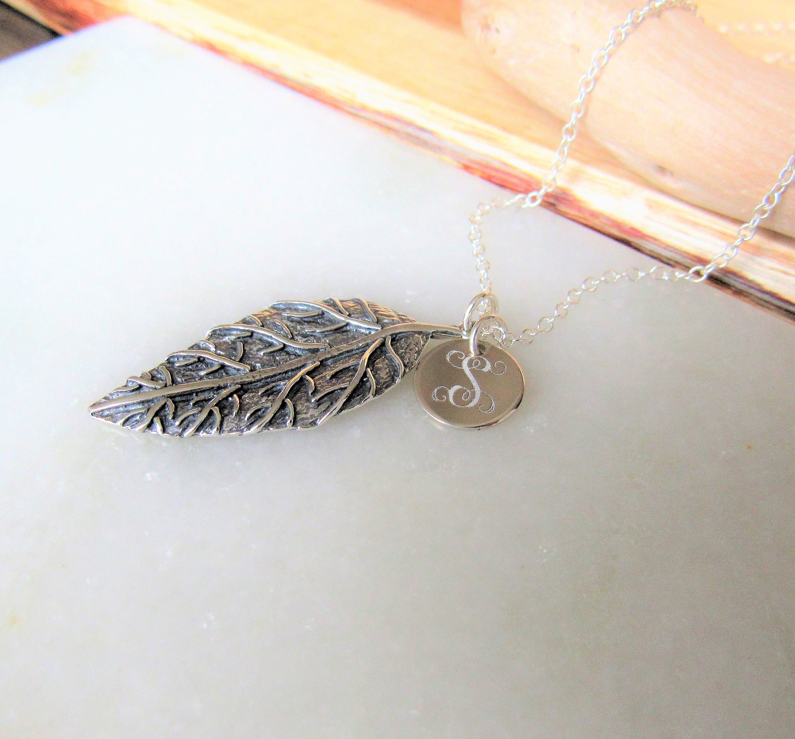 Silver Leaf Necklace Personalized Leaf Jewelry Initial Disc Etsy