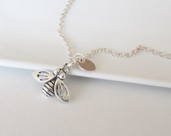 Honey Bee Necklace Sterling Silver, Personalized Necklace with Silver Honey Bee, Tiny Bee Pendant Silver, Small Silver Tag Necklace