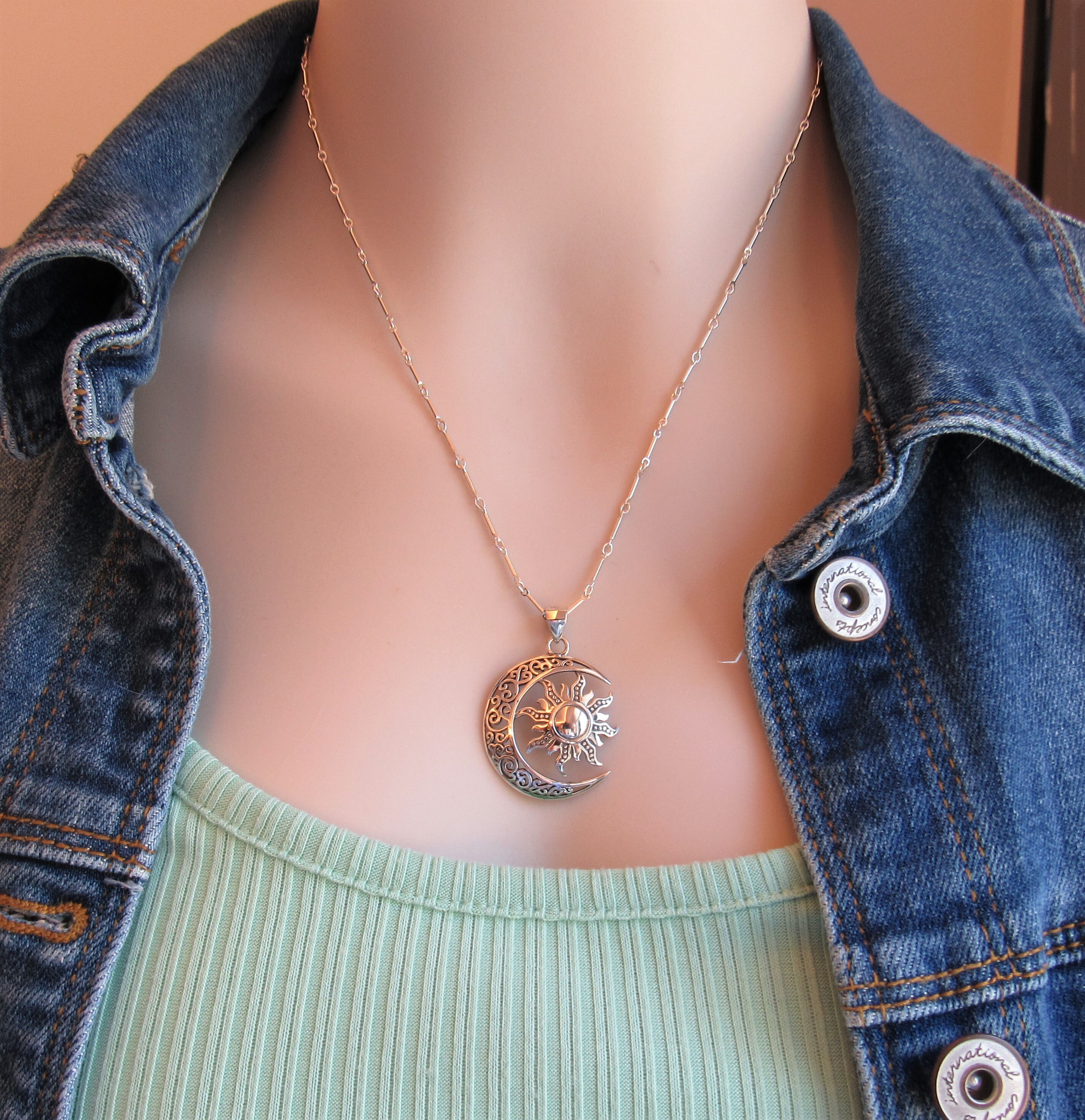 Sterling Silver Sun and Moon Large Pendant, Celestial Eternity Necklace ...
