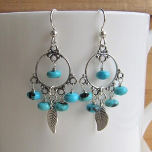 Turquoise and Silver Leaf Earrings, Chandelier Hoop Earrings, December Birthstone Gift, Handmade Earrings Silver, Blue Turquoise Earrings