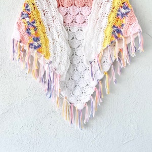 Vintage Crochet Pastel Rainbow Boho Swimsuit Cape Poncho Coverup // White Knit Shawl Wrap Skirt image 2