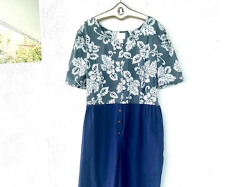 Vintage 90s Hawaiian Jumpsuit Floral Blue One Piece