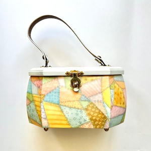 Vintage 70s Patchwork Wood Box Bag: Cottagecore Top Handle Purse