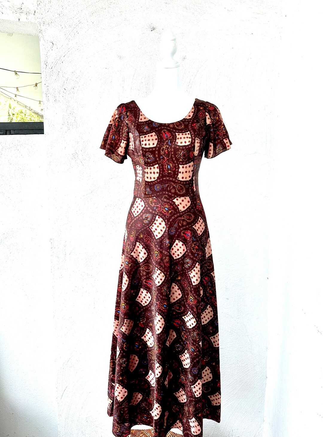 Vintage 60s 70s Hippie Flutter Sleeve Dress Paisley Boho Long Maxi