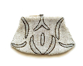 Antique Art Deco Beaded Handbag Belgium Clutch White Mini Bag