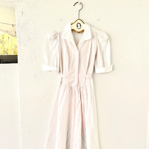 Vintage 80s does 50s Striped Shirtdress Collared White Apron Dress