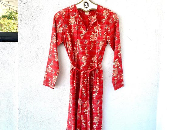 Vintage 70s Floral Red Prairie Dress 1970s Shirtdress