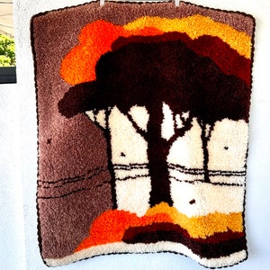 Vintage 70s Shag Rug Tree Art 1970s Latch Hook Rug Tree Autumn Fall Decor Wall Hanging