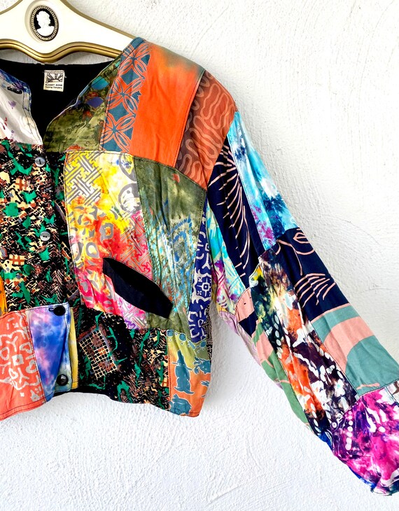 Vintage 90s Patchwork Cropped Jacket 1990s Boho C… - image 4