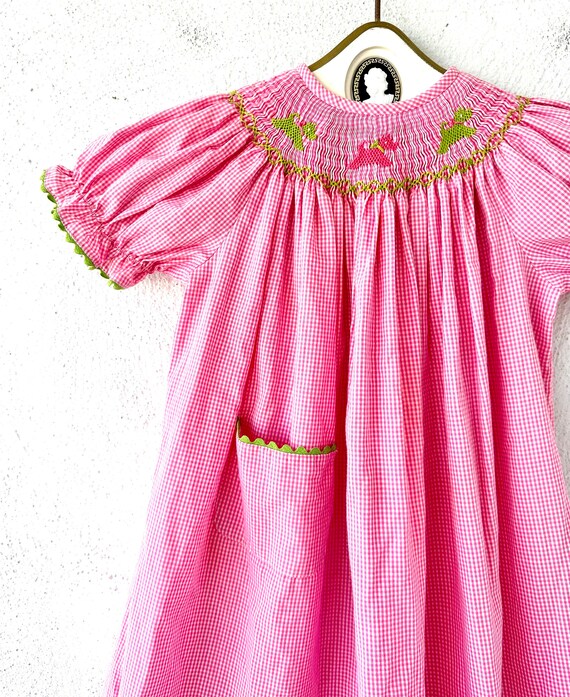 Vintage Girls Smocked Gingham Swing Dress Embroid… - image 3