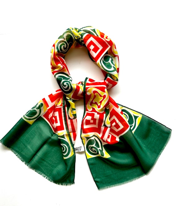 Vintage 60s Mod Scarf Green Red Yellow 1960s 1970… - image 1