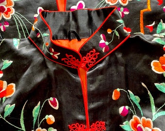Antique Chinese Silk Embroidered Jacket Asian Black Floral