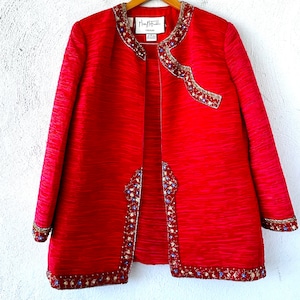 Vintage Mary McFadden Suit Set 90s Crinkle Silk Blazer Skirt Dress Set Embroidered Embellished