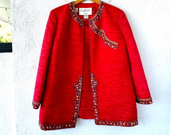 Vintage Mary McFadden Suit Set 90s Crinkle Silk Blazer Skirt Dress Set Embroidered Embellished
