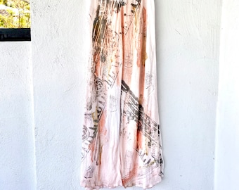 Vintage 90s Y2k Hand Painted Wide Leg Pants Pink White Palazzo Louge Bottoms