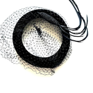 Vintage 1950s Large Feather Velvet Hat with Netting Black 50s Fascinator Avant Garde