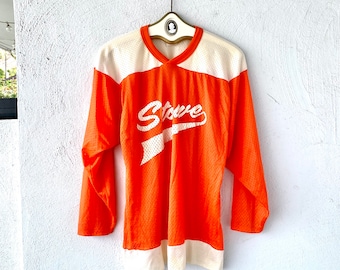 Vintage 70s NFL Football Sports Jersey Mesh Long Sleeve Top Orange White Shirt