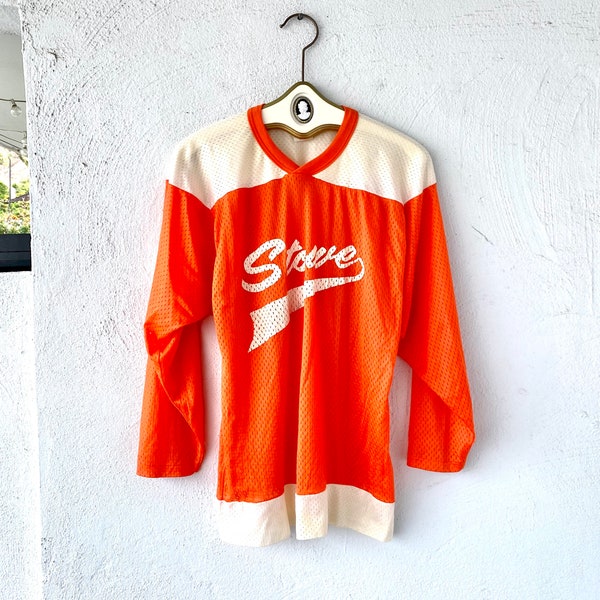 Vintage 70s NFL Football Sports Jersey Mesh Long Sleeve Top Orange White Shirt