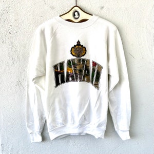 Vintage 90s Hawaii sudadera puffy pintura impresión mapa hawaiano 1990s estilo universitario camisa de viaje