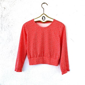 Vintage 70s Ruffle Crop Top Red Floral Shirt