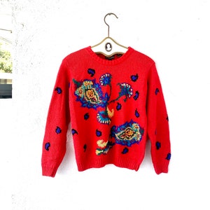 Vintage jaren 80 jaren 90 paisley-trui grafische plant rode trui gebreid shirt