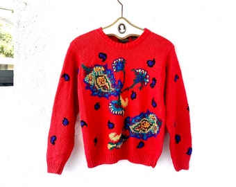 Vintage 80s 90s Paisley Sweater Graphic Plant Red Pullover Knit Shirt
